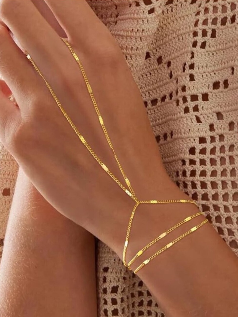 Dainty 14K Gold Plated Hand Chain Bracelet Layered Ring Jewelry
